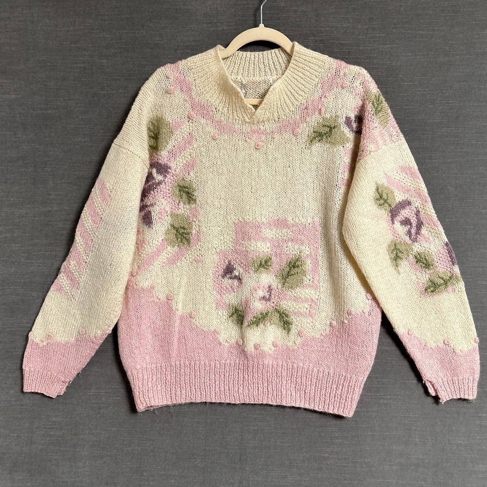 Vintage Granny Sweater L Cream Pink Floral Boho Grandma Feminine Cottage 80s 90s